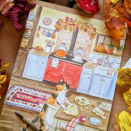 Autumn Cat Baking Watercolor Print Whimsical Kitchen Art - thumbnail 3