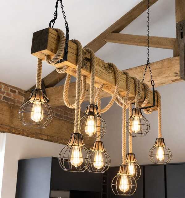 Reclaimed Rustic Wooden Beam Chandelier With 6 Rope Pendant Lights & Black Cages - image 1