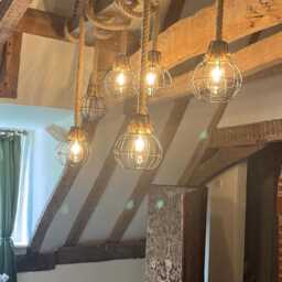 Reclaimed Rustic Wooden Beam Chandelier With 6 Rope Pendant Lights & Black Cages - thumbnail 3