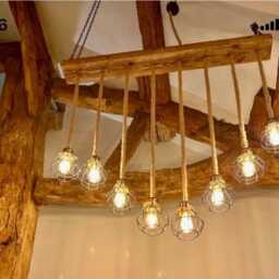 Reclaimed Rustic Wooden Beam Chandelier With 6 Rope Pendant Lights & Black Cages - thumbnail 4