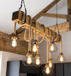 Reclaimed Rustic Wooden Beam Chandelier With 6 Rope Pendant Lights & Black Cages - thumbnail 1