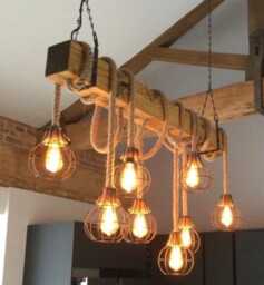 Reclaimed Rustic Wooden Beam Chandelier With 6 Rope Pendant Lights & Black Cages