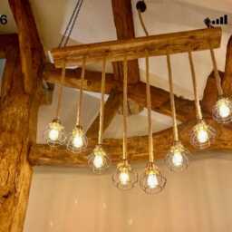 Reclaimed Rustic Wooden Beam Chandelier With 6 Rope Pendant Lights & Black Cages - thumbnail 2