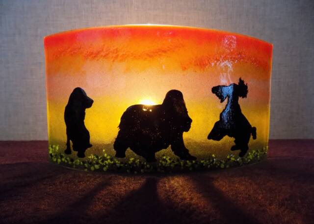 Glass Fused Cocker Spaniel Tea Light Shade, Freestanding Candle Holder - image 1