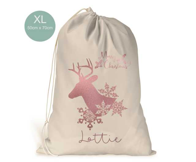 Personalised Xl Drawstring Christmas Sack/stocking.. Rose Gold Deer..girls Xmas Present Sack Gift Bag.. Mummy, , Sister - image 1
