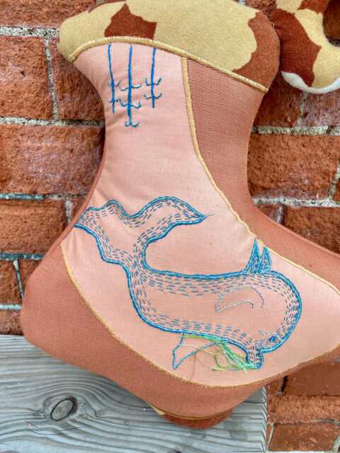 Roman Jug Cushion /Pillow Handmade in Brighton Using Repurposed Velvet & Appliqu?? Dolphin /Hand Embroidered Fabric , Eco Filling - image 1