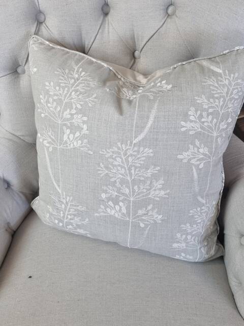 Embroidered Floral Cushion Cover With Piping, Pillow Cover, Grey Cushion, Cotton 17 Inch Square - image 1
