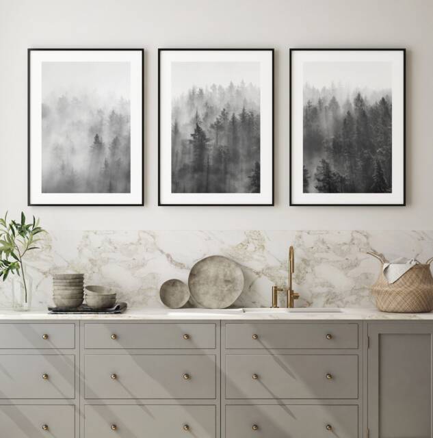 Black & White Woodland Prints Set Foggy Forest Wall Decor - image 1