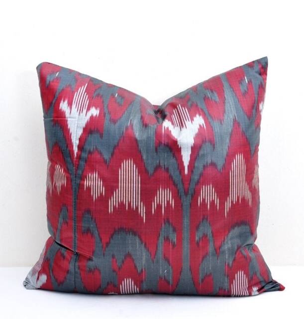 Dark Red Ikat Pillow Cover, Handloom Silk Cotton Cushion - 20x20 In - image 1