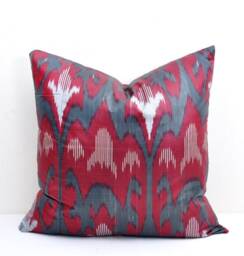 Dark Red Ikat Pillow Cover, Handloom Silk Cotton Cushion - 20x20 In - thumbnail 1