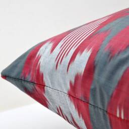 Dark Red Ikat Pillow Cover, Handloom Silk Cotton Cushion - 20x20 In - thumbnail 2