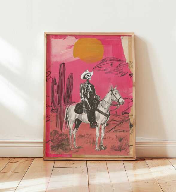 Cowboy Skeleton Art, Pop Art Style Poster, Western Surreal Wall Print, Pink Modern Artwork, Retro Americana Decor, Bold Contemporary - image 1