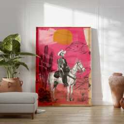 Cowboy Skeleton Art, Pop Art Style Poster, Western Surreal Wall Print, Pink Modern Artwork, Retro Americana Decor, Bold Contemporary - thumbnail 3