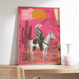 Cowboy Skeleton Art, Pop Art Style Poster, Western Surreal Wall Print, Pink Modern Artwork, Retro Americana Decor, Bold Contemporary - thumbnail 2