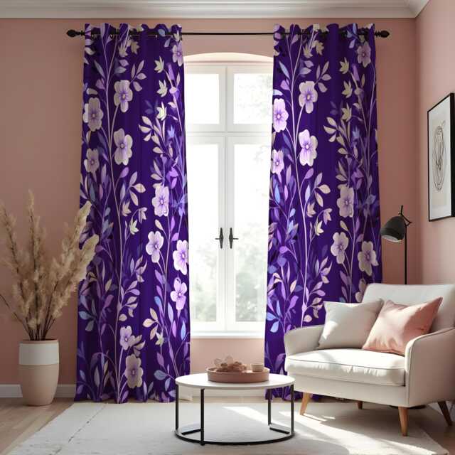 Purple Floral Curtains, Botanical Print Drapes, Lilac & Lavender Flower Panels, Custom Made Eyelet Or Rod Pocket Curtains - image 1