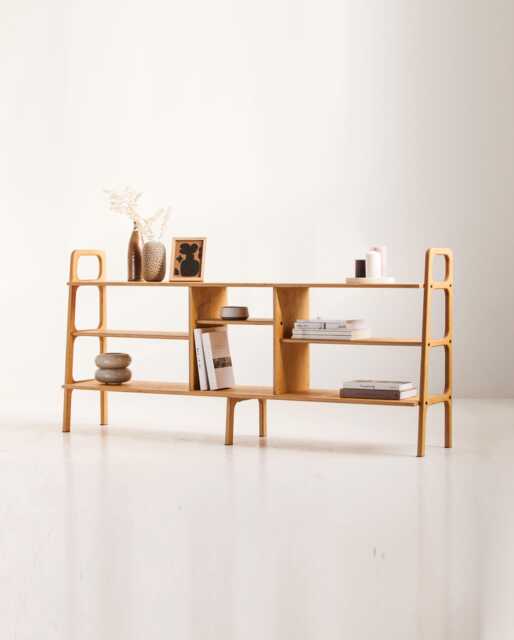 Mid Century Modern Ladder Bookcase, Walnut Wooden Bookshelves, Low Media Console 143-189 cm, Shelf With Dividers, Custom Size - image 1