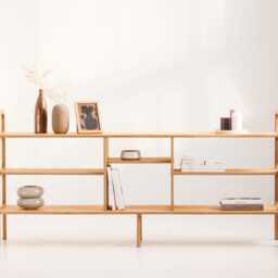 Mid Century Modern Ladder Bookcase, Walnut Wooden Bookshelves, Low Media Console 143-189 cm, Shelf With Dividers, Custom Size - thumbnail 2