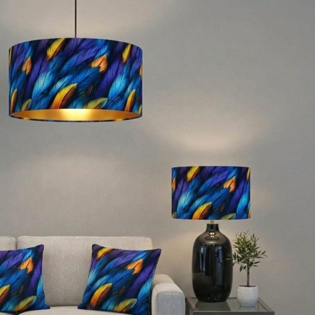 Handmade By Order Luxury Royal Blue Gold Feathers Pattern On Velvet Drum Lamp Shade Pendant Light All Shapes & Sizes - image 1
