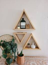 Triangle Shelf Set/Geometric Shelves, Wood Shelf Decor, Boho Wall Shelving, Art, Crystal Display Shelf, Rustic Decor - thumbnail 1