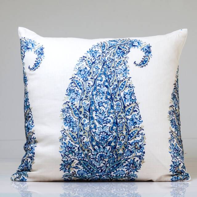 Blue Paisley Pillow Cover, Schumacher Fabric, White Linen Back - image 1