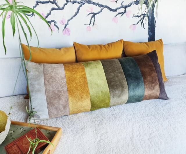striped Velvet Lumbar Pillow Cover Autumn Decor - image 1