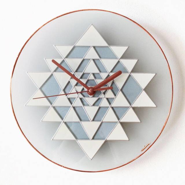 Sri Yantra Wall Clock Hand-Painted Glass Meditation Decor in White, Silver & Copper Colours - image 1