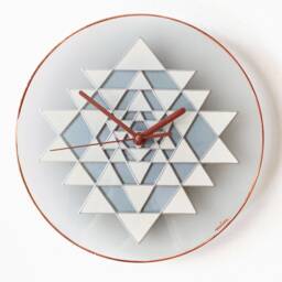 Sri Yantra Wall Clock Hand-Painted Glass Meditation Decor in White, Silver & Copper Colours