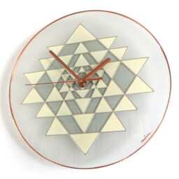 Sri Yantra Wall Clock Hand-Painted Glass Meditation Decor in White, Silver & Copper Colours - thumbnail 3