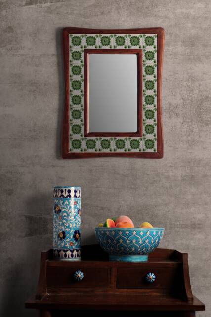 Hand-Painted Floral Tile Mirror Boho Wall Decor Accent - image 1