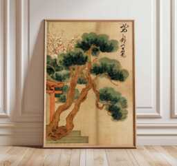 Ancient Pine Tree Wall Art, Japanese Nature Poster Print, Zen Botanical Decor, Oriental Painting, Calm Forest Artwork - thumbnail 1