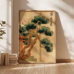 Ancient Pine Tree Wall Art, Japanese Nature Poster Print, Zen Botanical Decor, Oriental Painting, Calm Forest Artwork - thumbnail 2