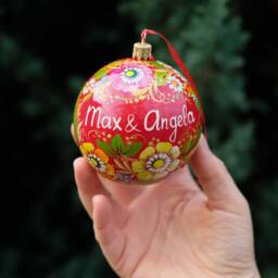 Hand-Painted Personalized Ornament, Ukrainian Christmas Bauble Red Flower Tree Ball, First Petrykivka Art Ball - thumbnail 3