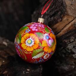 Hand-Painted Personalized Ornament, Ukrainian Christmas Bauble Red Flower Tree Ball, First Petrykivka Art Ball - thumbnail 4