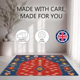 Red Blue Mustard Tribal Kilim Pattern Rug Non-Slip Soft Area Carpet Bedroom Living Room Hallway Mat Decor - Made in UK - thumbnail 2