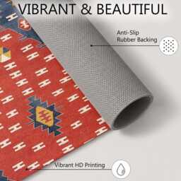 Red Blue Mustard Tribal Kilim Pattern Rug Non-Slip Soft Area Carpet Bedroom Living Room Hallway Mat Decor - Made in UK - thumbnail 4