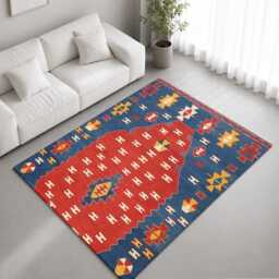 Red Blue Mustard Tribal Kilim Pattern Rug Non-Slip Soft Area Carpet Bedroom Living Room Hallway Mat Decor - Made in UK