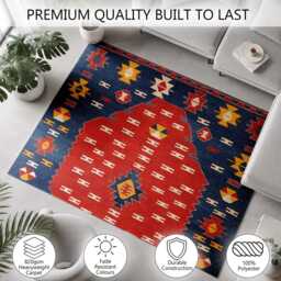 Red Blue Mustard Tribal Kilim Pattern Rug Non-Slip Soft Area Carpet Bedroom Living Room Hallway Mat Decor - Made in UK - thumbnail 3