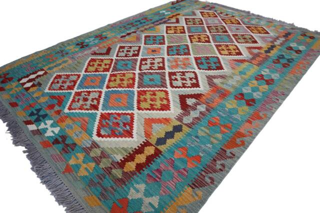 6x8 Ft Afghan Kilim Rug - Soft Blue Orange Gray Flat Weave Handmade Wool Natural Vegetable Dyes Geometric Turkmen Oriental Bedroom - image 1