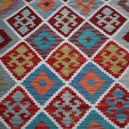 6x8 Ft Afghan Kilim Rug - Soft Blue Orange Gray Flat Weave Handmade Wool Natural Vegetable Dyes Geometric Turkmen Oriental Bedroom - thumbnail 4