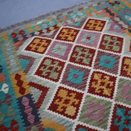 6x8 Ft Afghan Kilim Rug - Soft Blue Orange Gray Flat Weave Handmade Wool Natural Vegetable Dyes Geometric Turkmen Oriental Bedroom - thumbnail 3