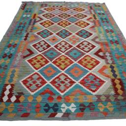 6x8 Ft Afghan Kilim Rug - Soft Blue Orange Gray Flat Weave Handmade Wool Natural Vegetable Dyes Geometric Turkmen Oriental Bedroom - thumbnail 2