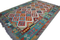 6x8 Ft Afghan Kilim Rug - Soft Blue Orange Gray Flat Weave Handmade Wool Natural Vegetable Dyes Geometric Turkmen Oriental Bedroom - thumbnail 1