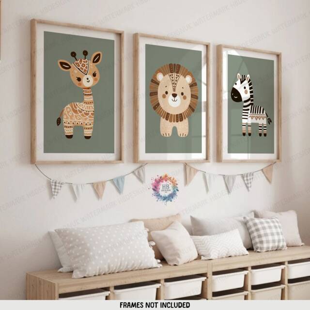 Safari Animal Nursery Decor - Boho Set Of 3 Prints - Kids Playroom Cute Designs Green Coloured Wall Art Baby Bedroom Posters - image 1