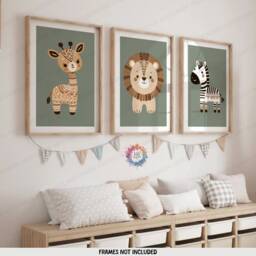 Safari Animal Nursery Decor - Boho Set Of 3 Prints - Kids Playroom Cute Designs Green Coloured Wall Art Baby Bedroom Posters - thumbnail 1