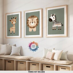 Safari Animal Nursery Decor - Boho Set Of 3 Prints - Kids Playroom Cute Designs Green Coloured Wall Art Baby Bedroom Posters - thumbnail 2