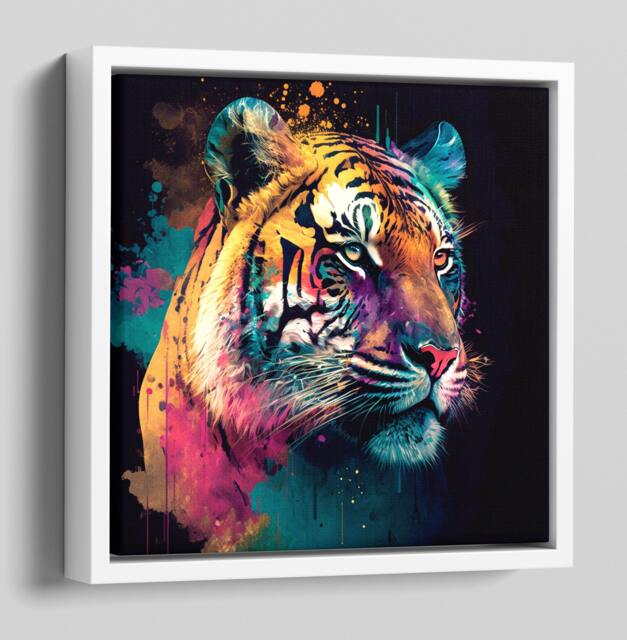 Tiger Picture On Canvas in Bright Colourful Vibrant Neon Colours - Framed A Floating Frame - image 1