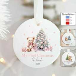 My First Christmas Teddy Pink Blue Unisex Personalised Ceramic Tree Ornament Bauble L New Baby 1st Xmas Newborn Girls Bear 2025 - thumbnail 2