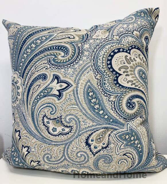 Heavy Weigh Pillow Cover Zipper Closure Paisley Cover. Navy Blue, Chambray, Tan Decorative Throw Pillow 20 X20 - image 1