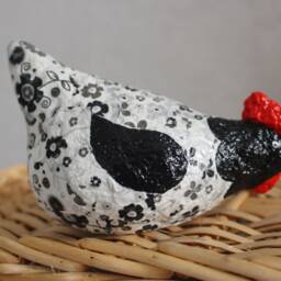Unique Recycled Papier-M??ch?? Chicken Sculpture - Original Handmade Flower Art For Home Decor White, Black, Red, & Yellow Animal - thumbnail 2