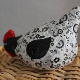 Unique Recycled Papier-M??ch?? Chicken Sculpture - Original Handmade Flower Art For Home Decor White, Black, Red, & Yellow Animal - thumbnail 3